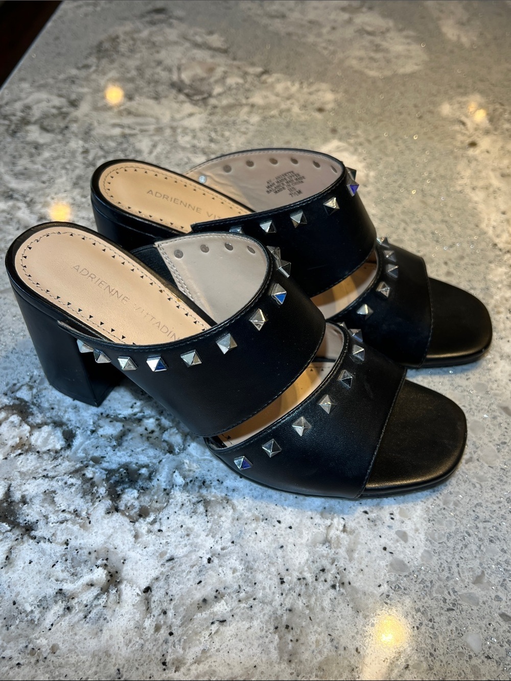 Adrienne Vittadini Anisette Studded Block Heel Mule Sandals Black 7.5 NEW